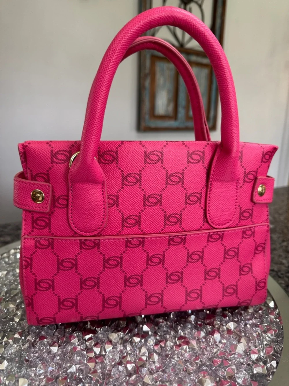 bebe Hot Pink Logo small Satchel with Gold-Tone Hardware and crossbody strap - Picture 6 of 16